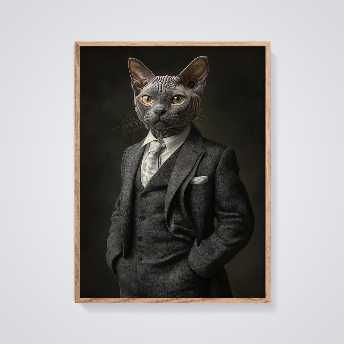 Sphynx Cat in Suit Print framed in oak on a grey background
