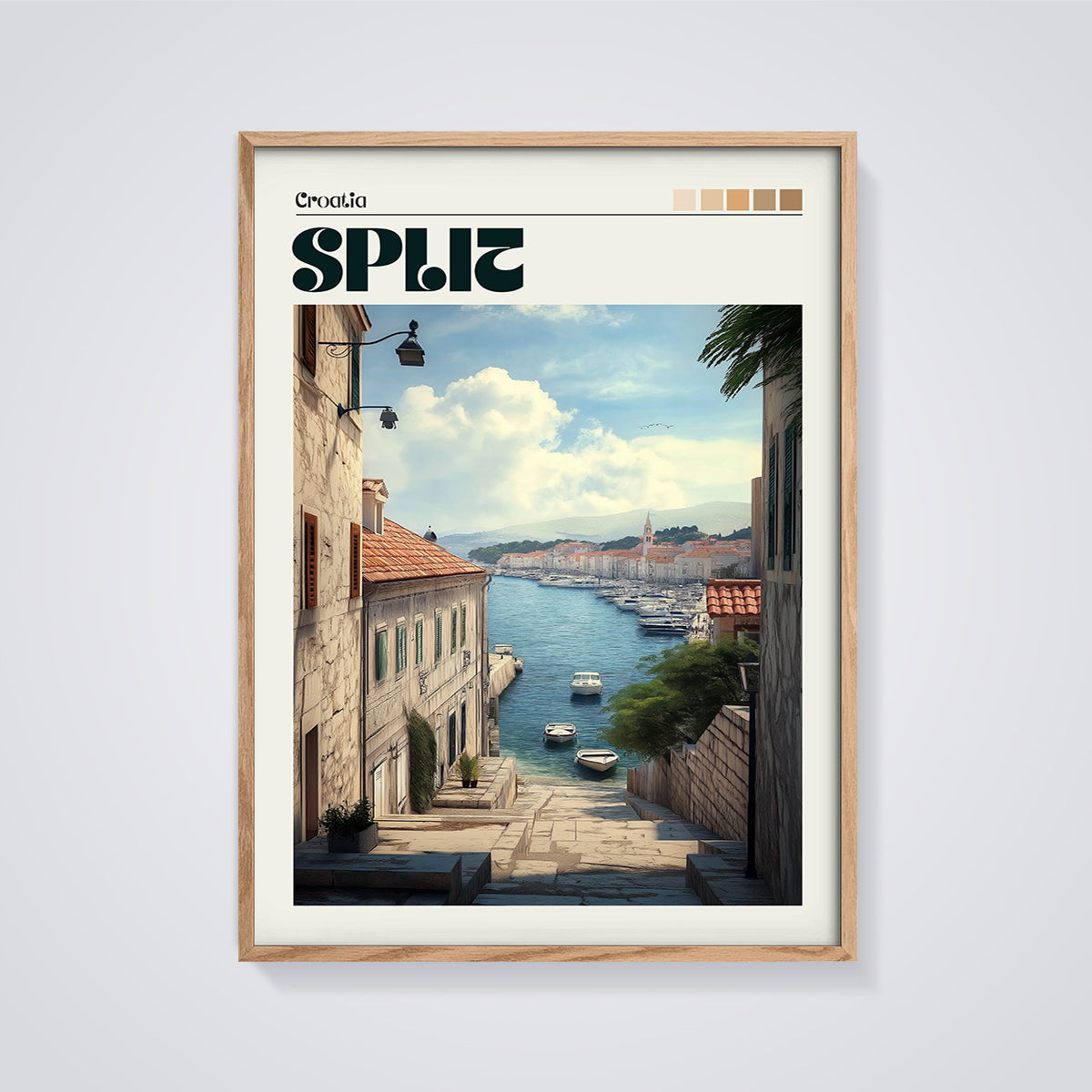 Split Croatia Harbor Print framed in oak on a grey background