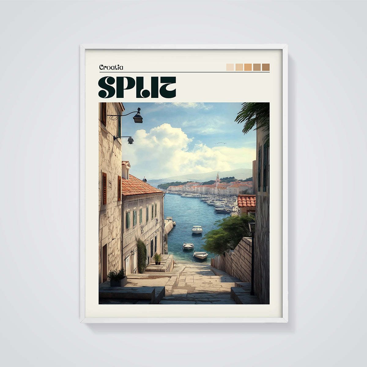 Split Croatia Harbor Print framed in white on a grey background