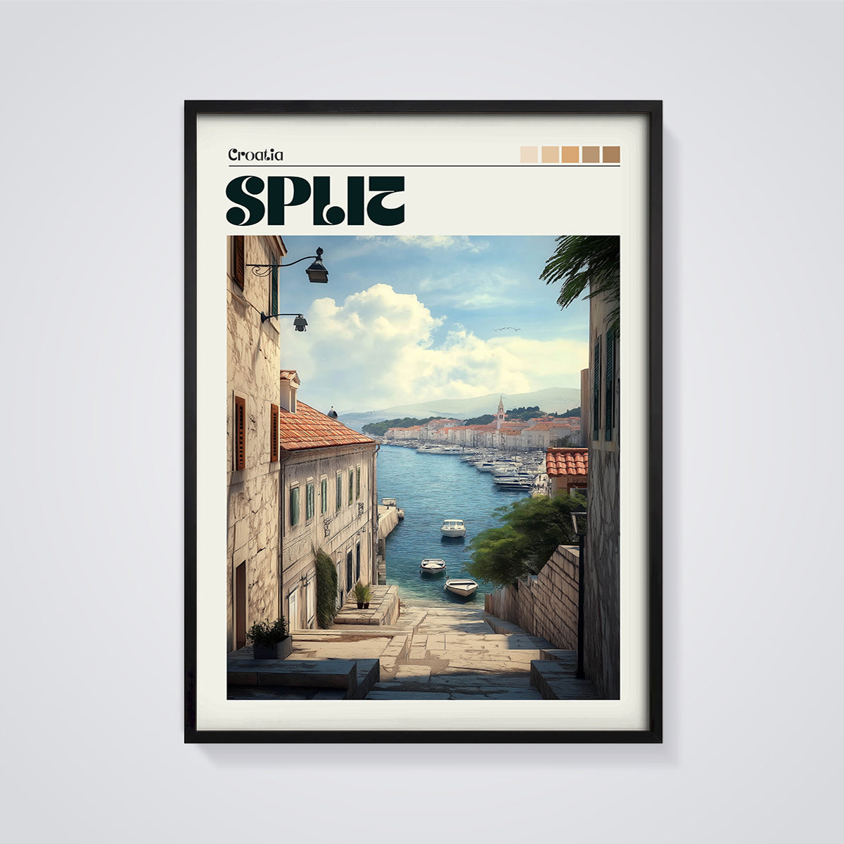 Split Croatia Harbor Print framed in black on a grey background