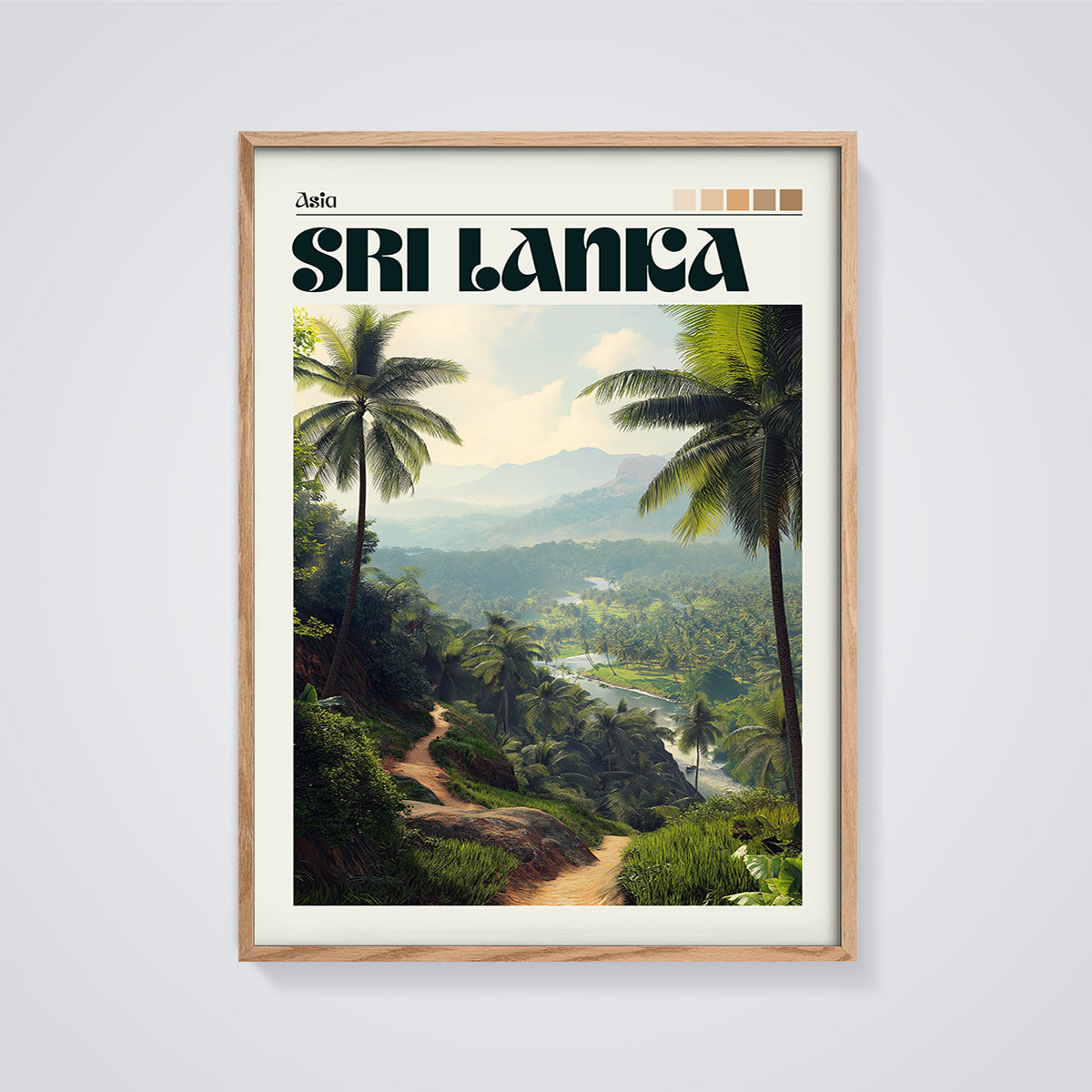 Sri Lanka River Valley Print framed in oak on a grey background