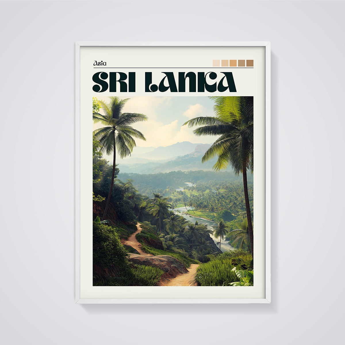Sri Lanka River Valley Print framed in white on a grey background