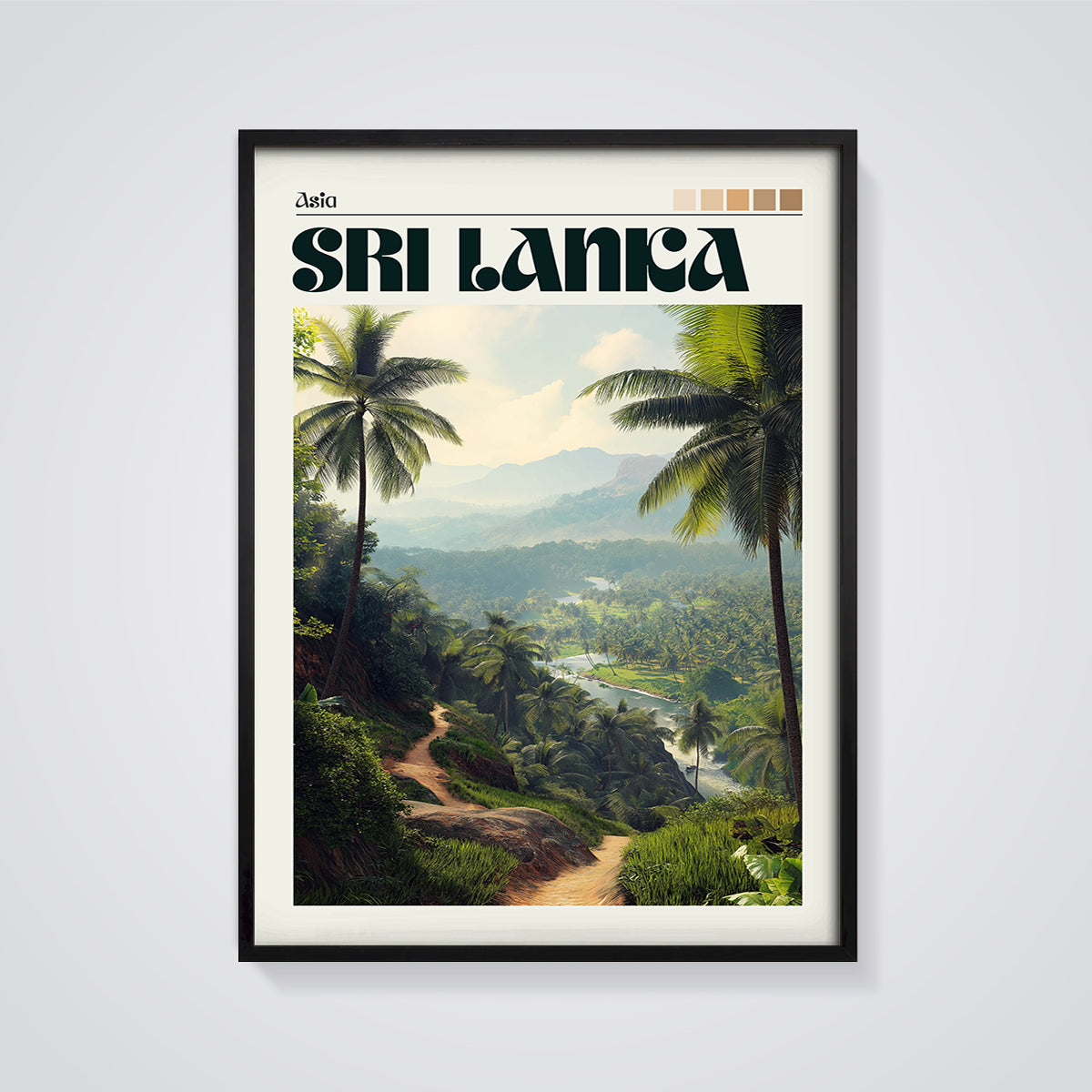 Sri Lanka River Valley Print framed in black on a grey background