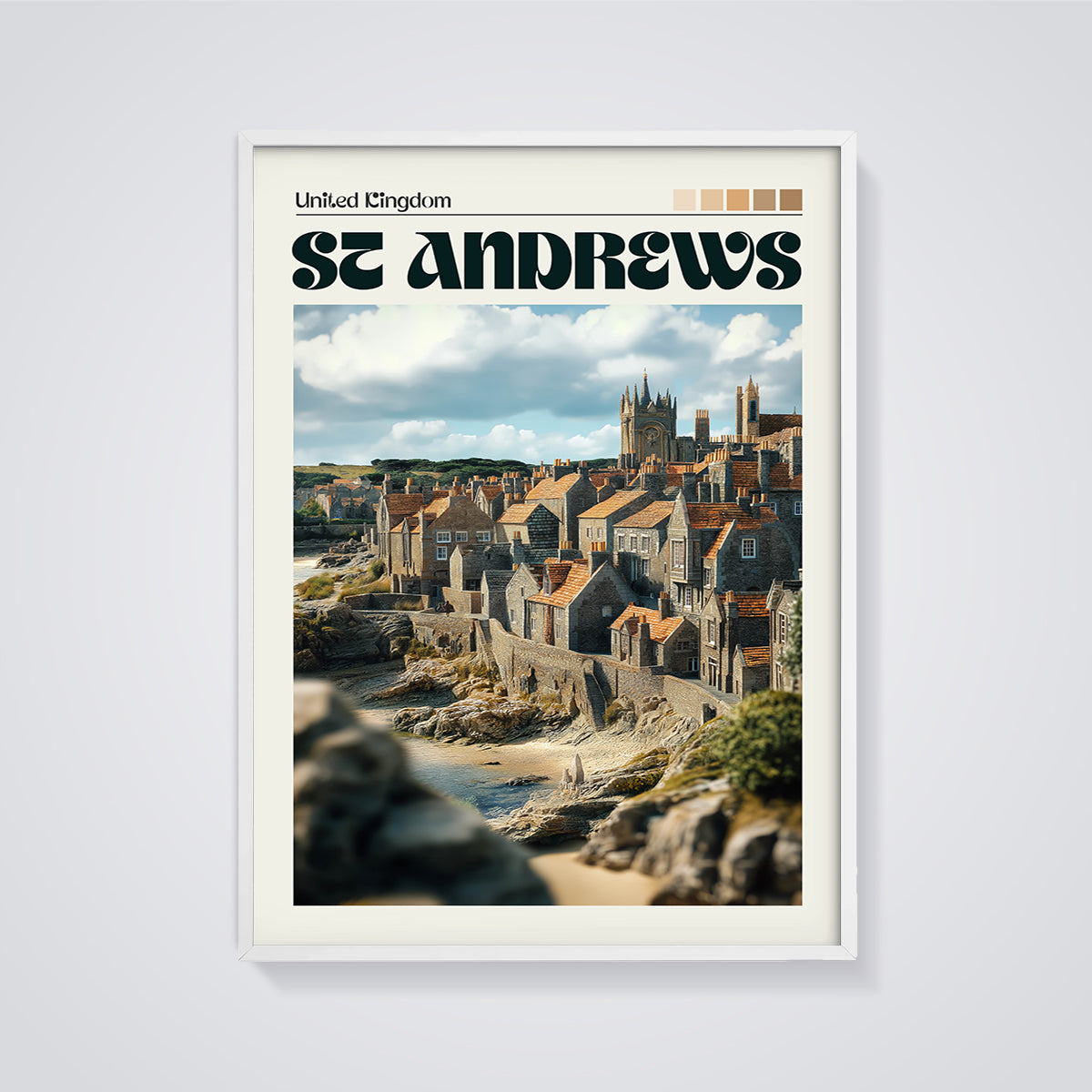St Andrews Coastal Town Print framed in white on a grey background