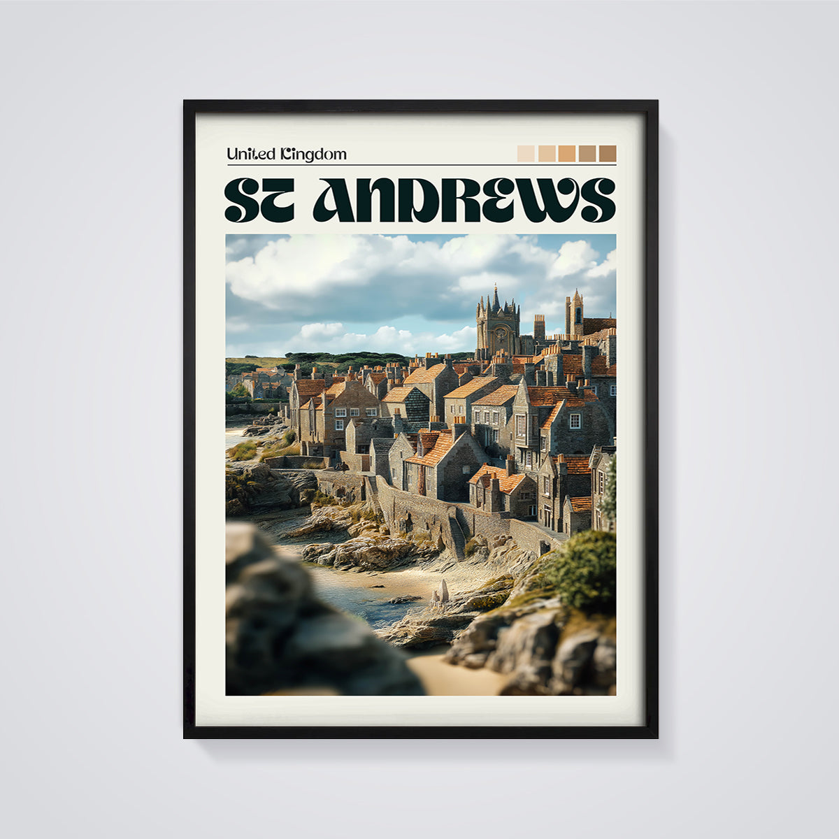 St Andrews Coastal Town Print framed in black on a grey background