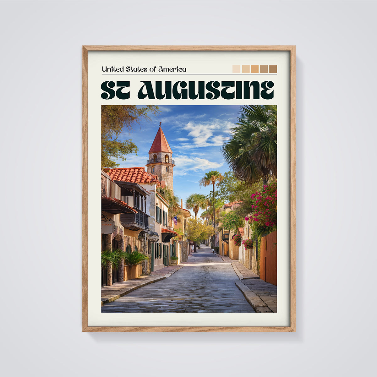 St Augustine Cobblestone Street Print framed in oak on a grey background