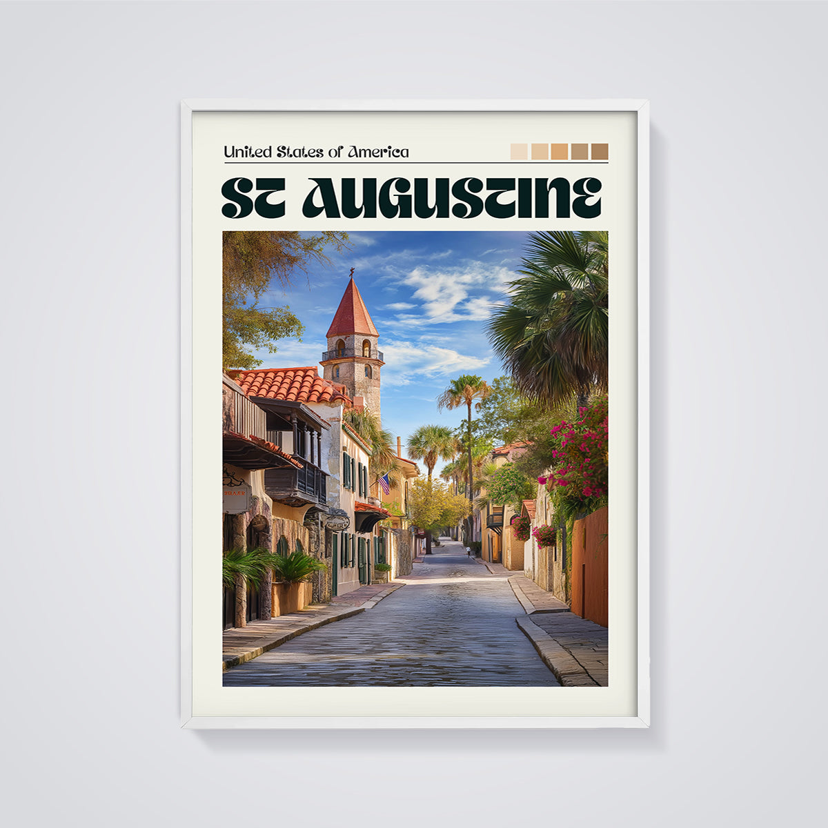 St Augustine Cobblestone Street Print framed in white on a grey background
