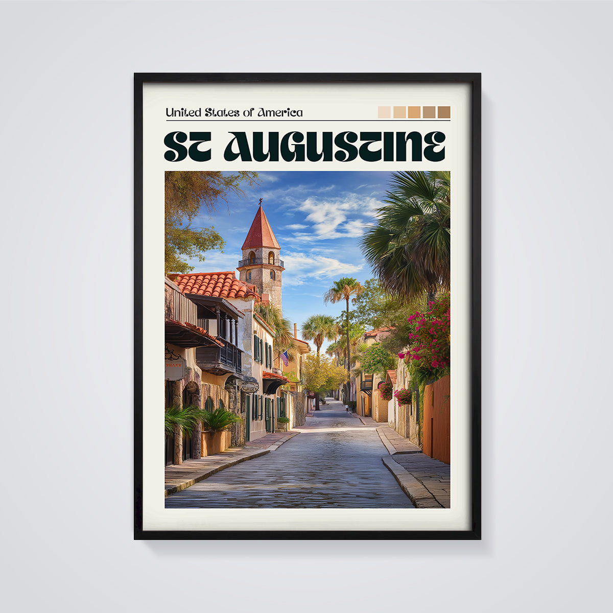 St Augustine Cobblestone Street Print framed in black on a grey background