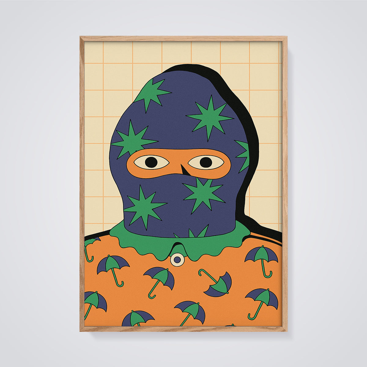 Starred Balaclava Umbrella Print framed in oak on a grey background
