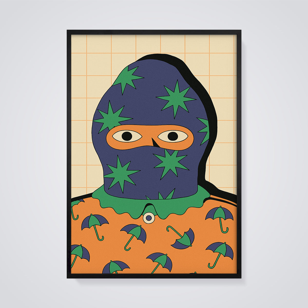 Starred Balaclava Umbrella Print framed in black on a grey background