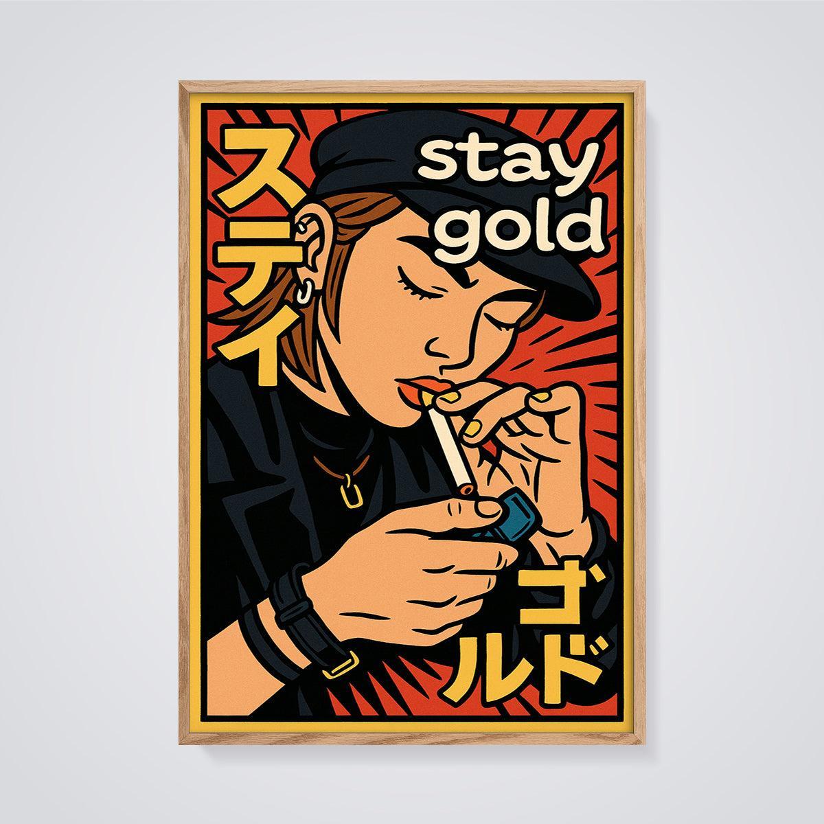 Stay Gold Cap Smoker Print framed in oak on a grey background