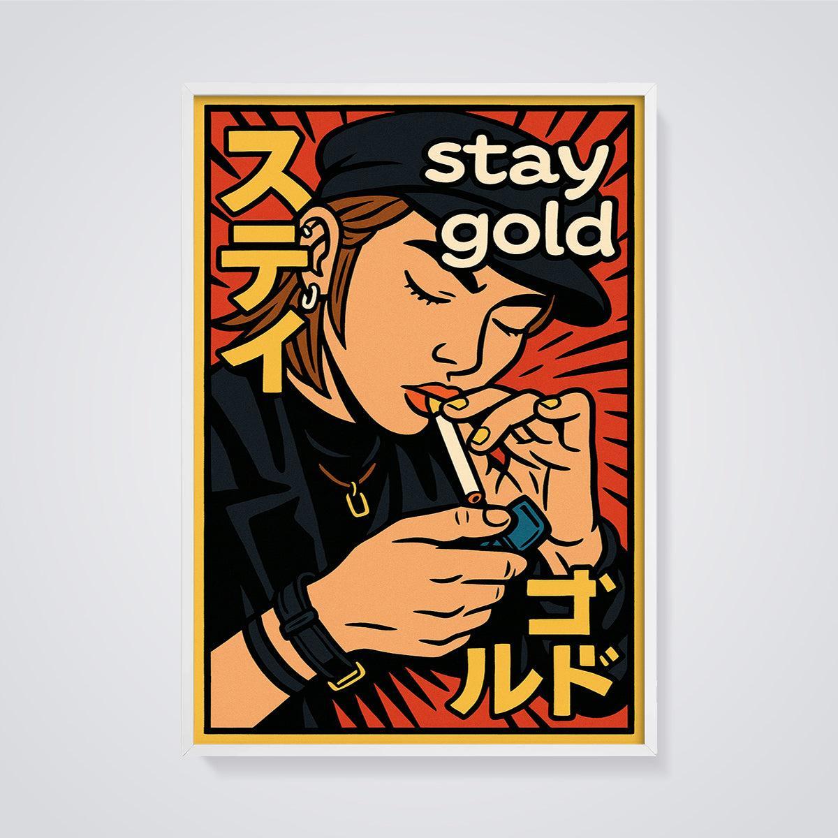 Stay Gold Cap Smoker Print framed in white on a grey background