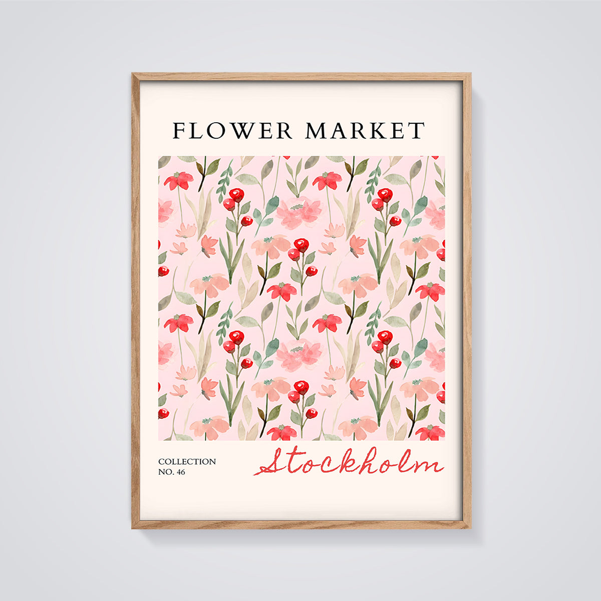 Stockholm Flower Market Print framed in oak on a grey background