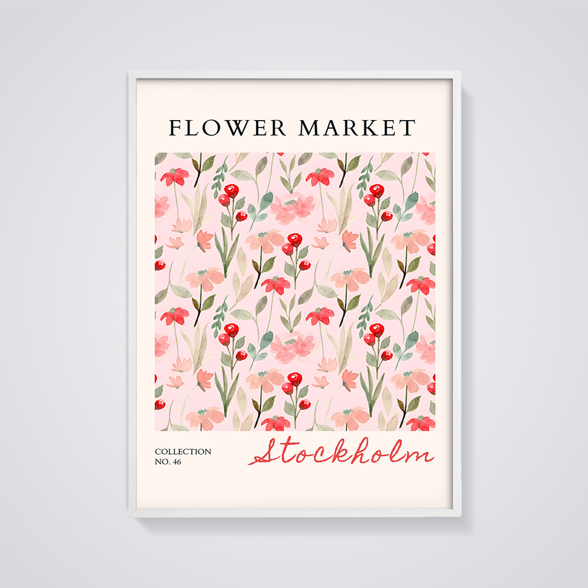Stockholm Flower Market Print framed in white on a grey background