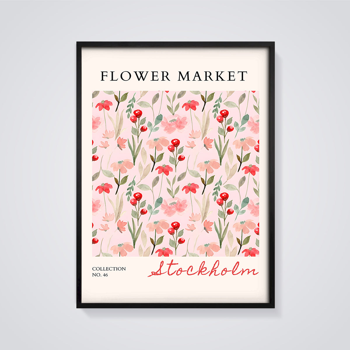 Stockholm Flower Market Print framed in black on a grey background