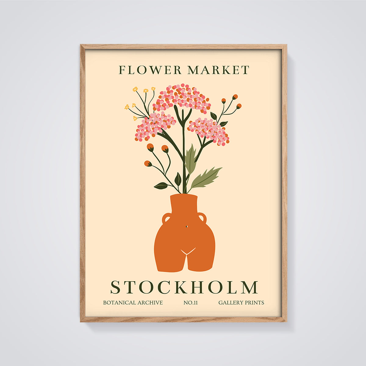 Stockholm Flower Market Vase Print framed in oak on a grey background