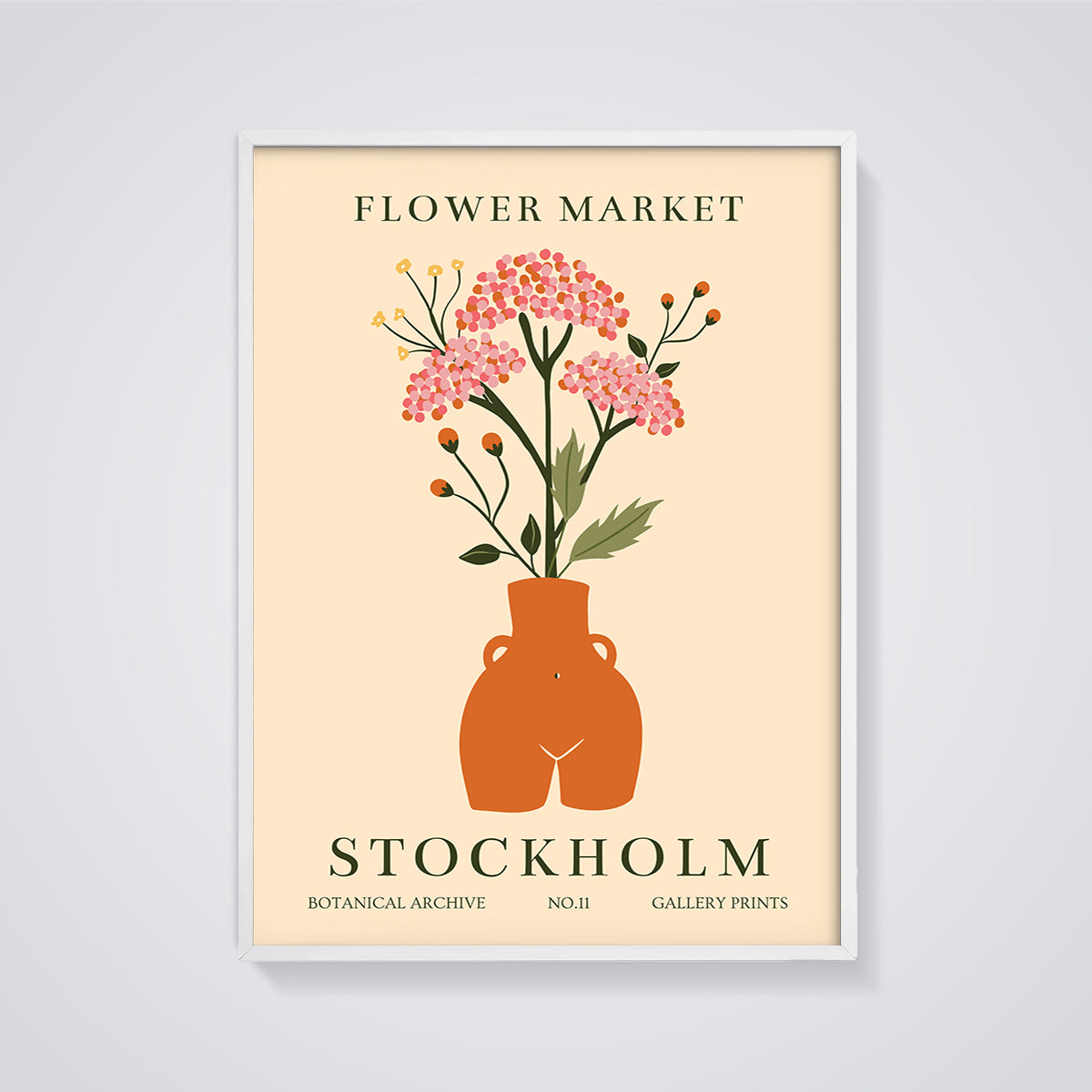 Stockholm Flower Market Vase Print framed in white on a grey background