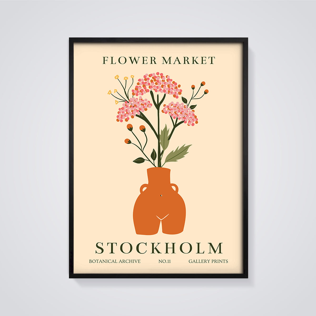 Stockholm Flower Market Vase Print framed in black on a grey background