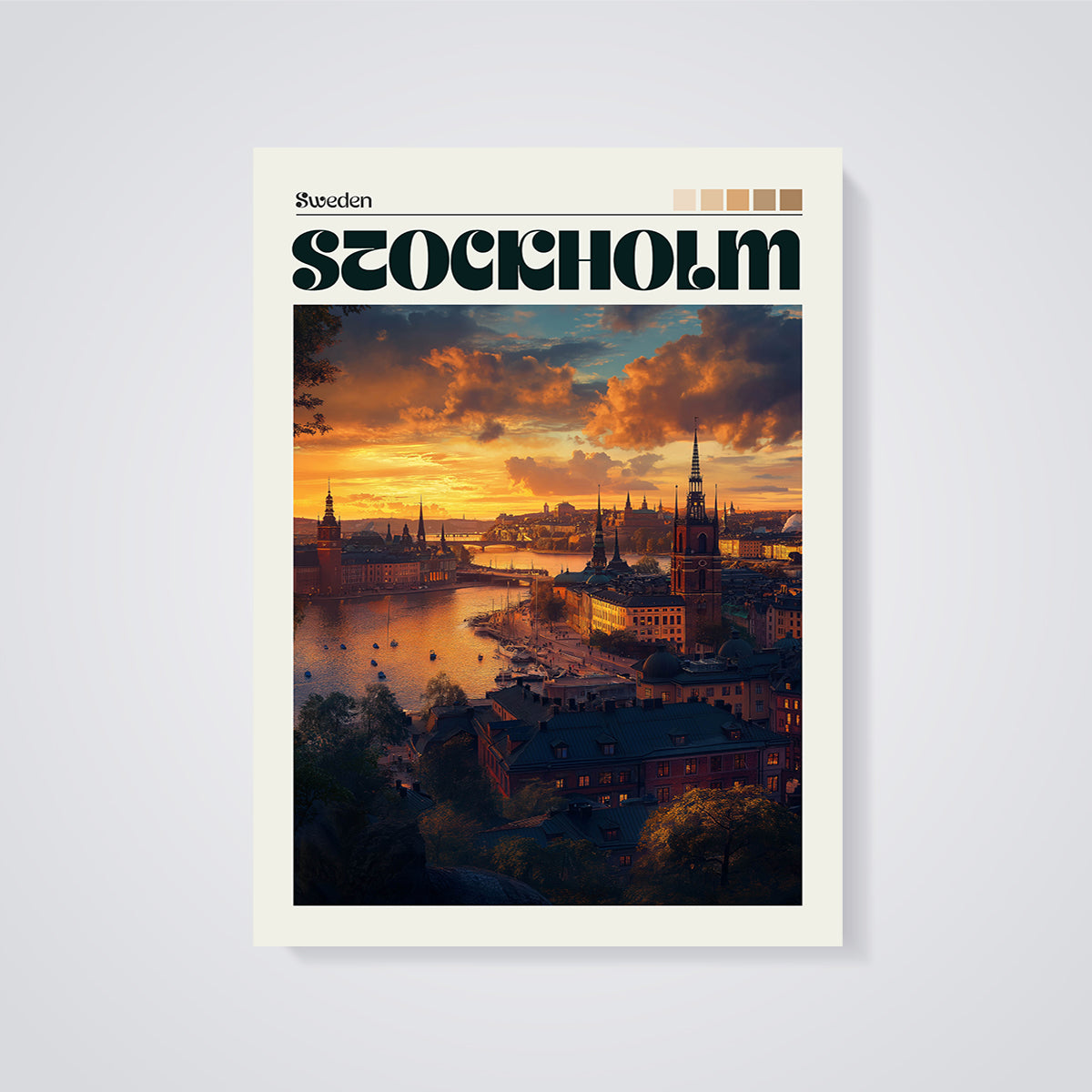 Stockholm Sunset Cityscape Print unframed on a grey background