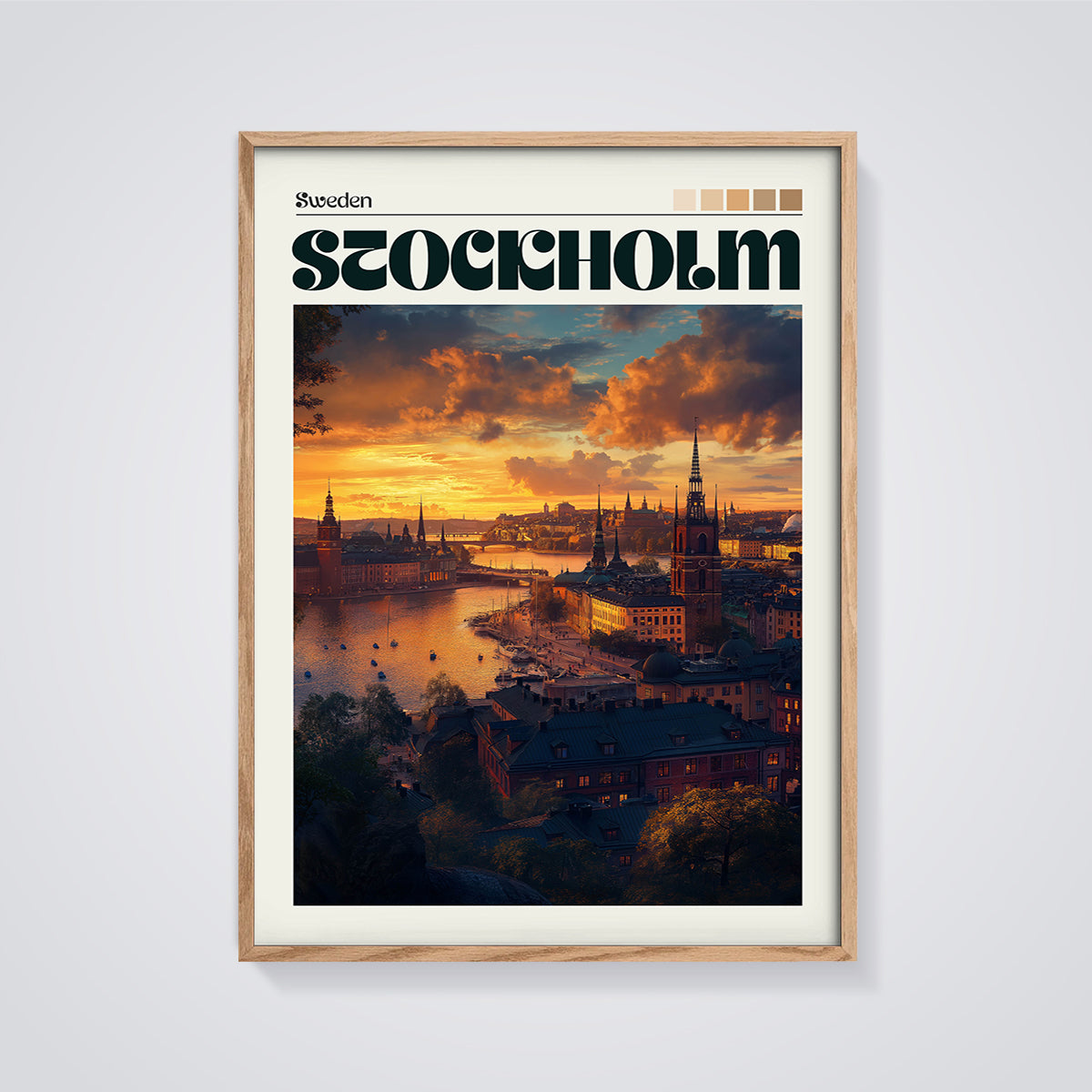 Stockholm Sunset Cityscape Print framed in oak on a grey background