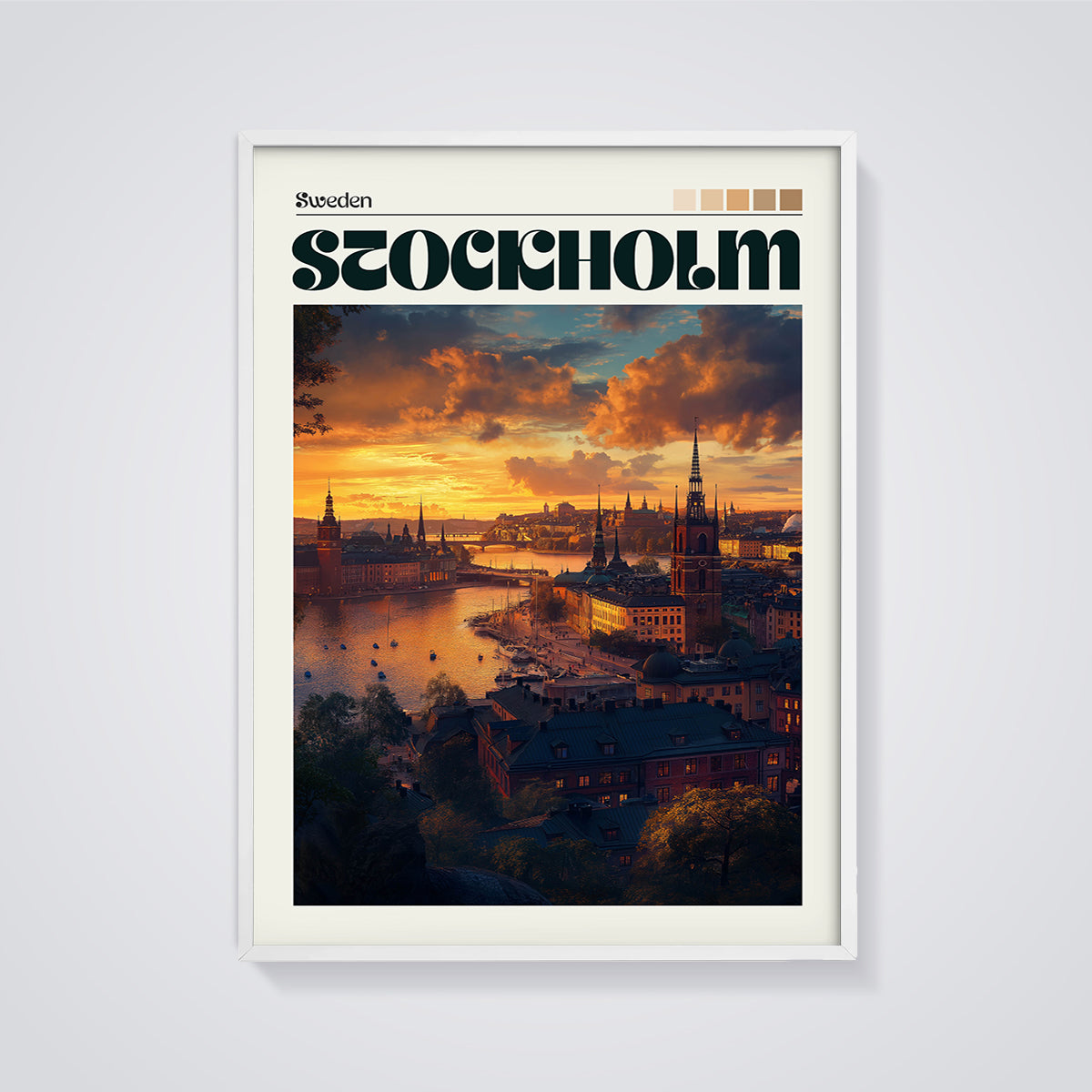 Stockholm Sunset Cityscape Print framed in white on a grey background