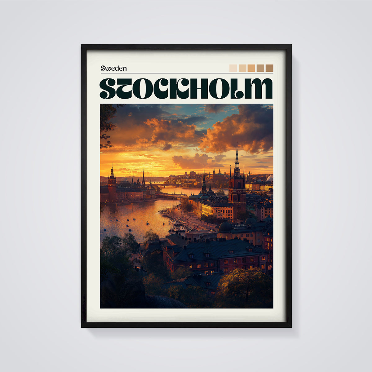 Stockholm Sunset Cityscape Print framed in black on a grey background