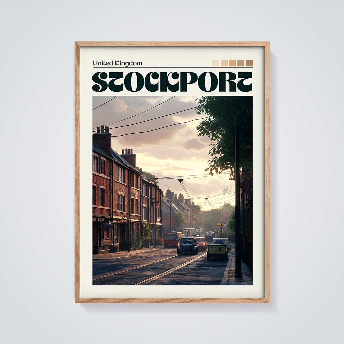 Stockport Evening Street Print framed in oak on a grey background