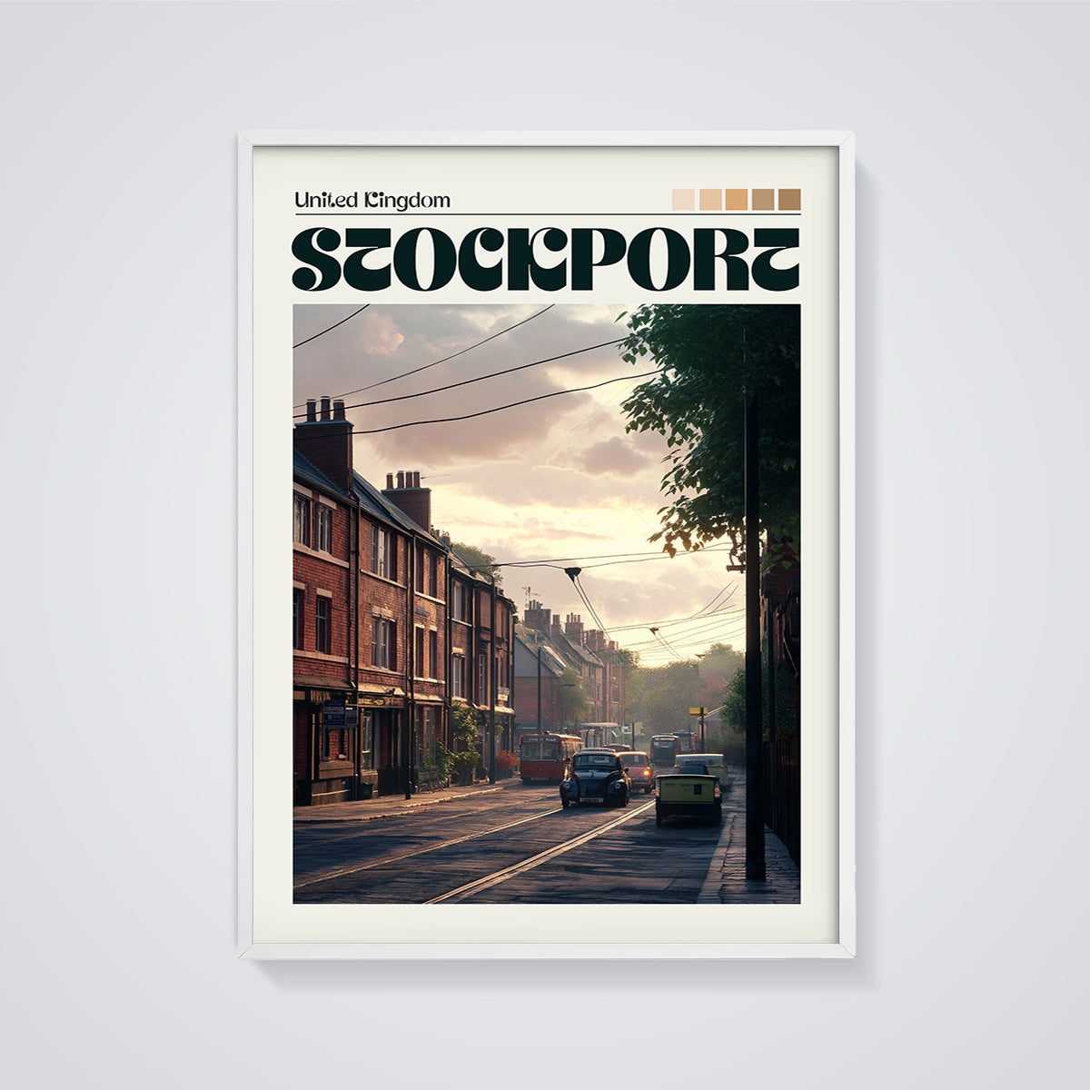 Stockport Evening Street Print framed in white on a grey background