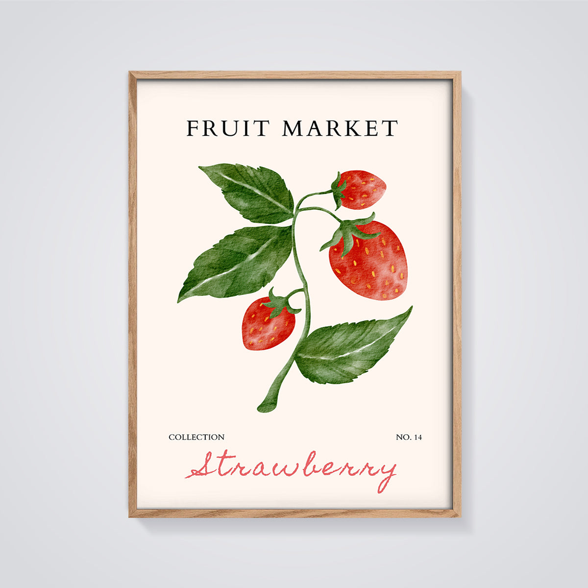 Strawberry Fruit Market Print framed in oak on a grey background