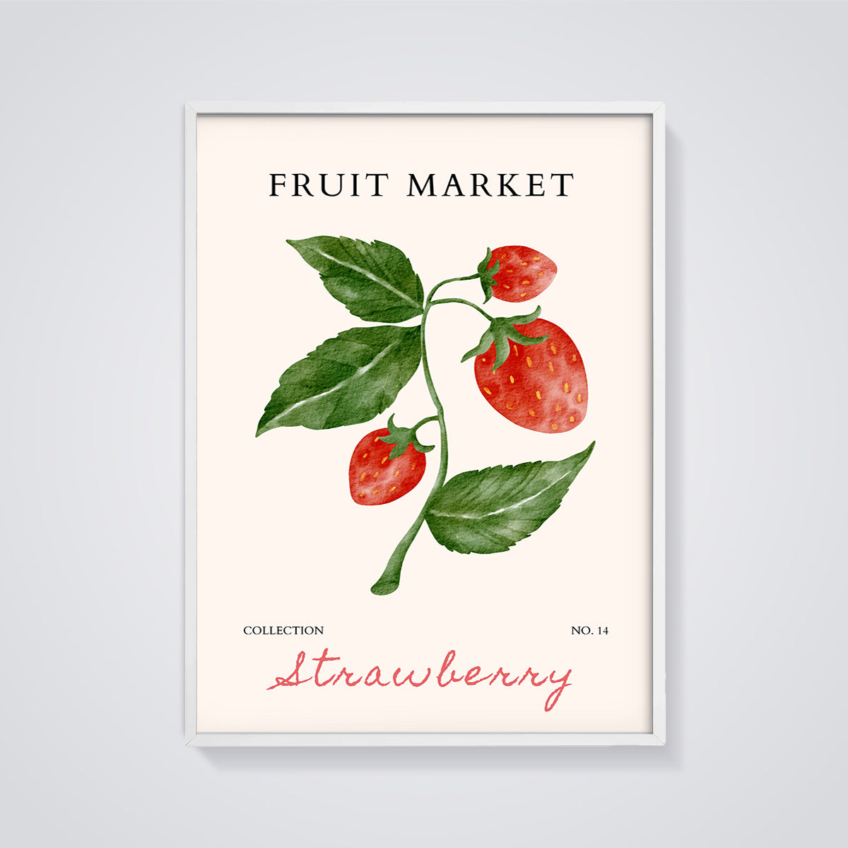Strawberry Fruit Market Print framed in white on a grey background