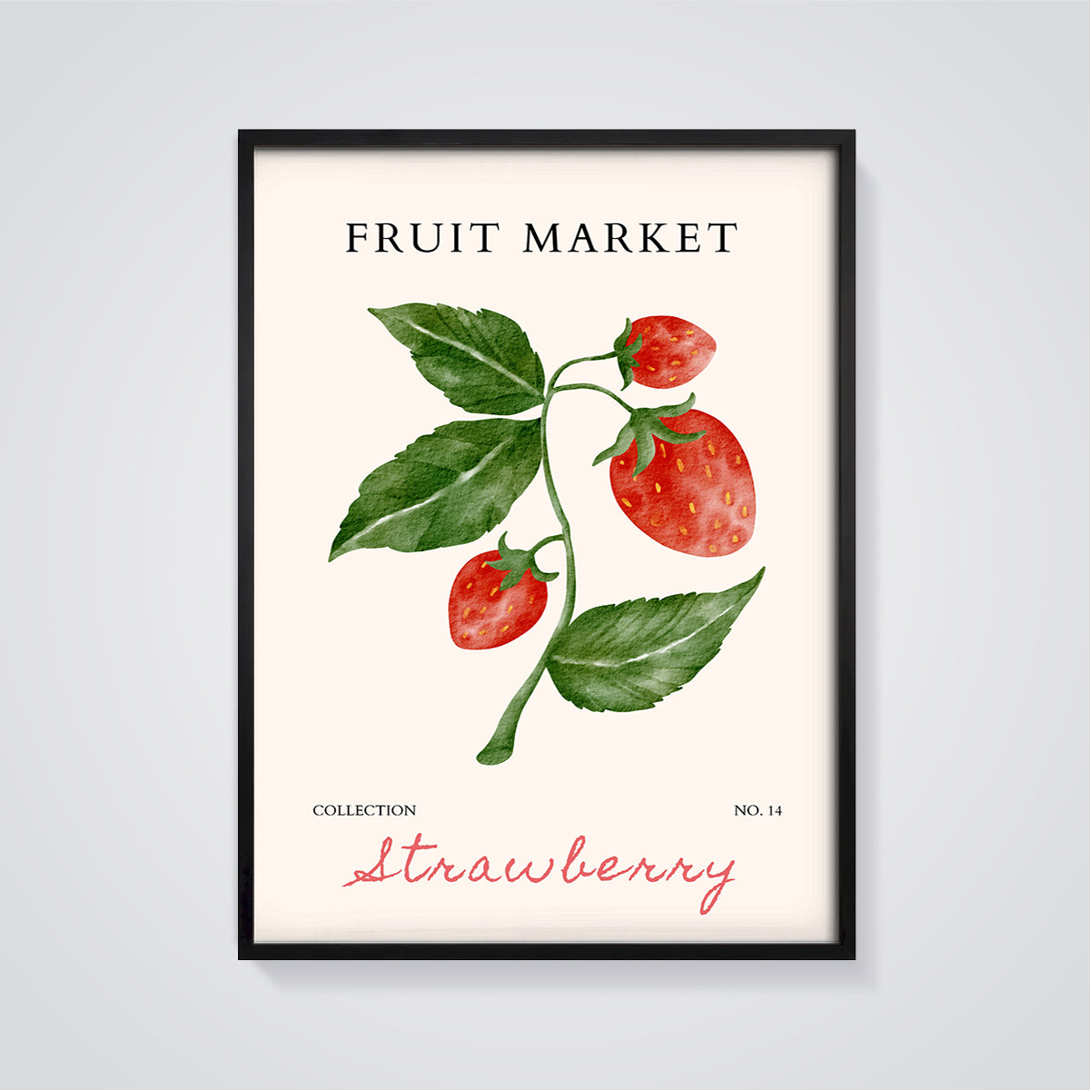Strawberry Fruit Market Print framed in black on a grey background