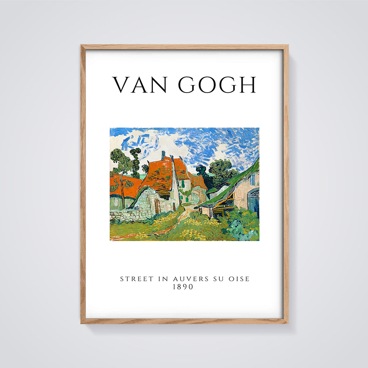 Street in Auvers su Oise Print framed in oak on a grey background