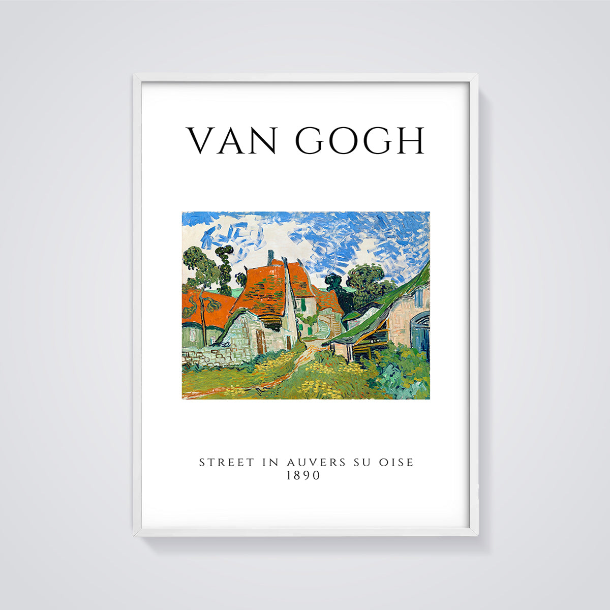 Street in Auvers su Oise Print framed in white on a grey background