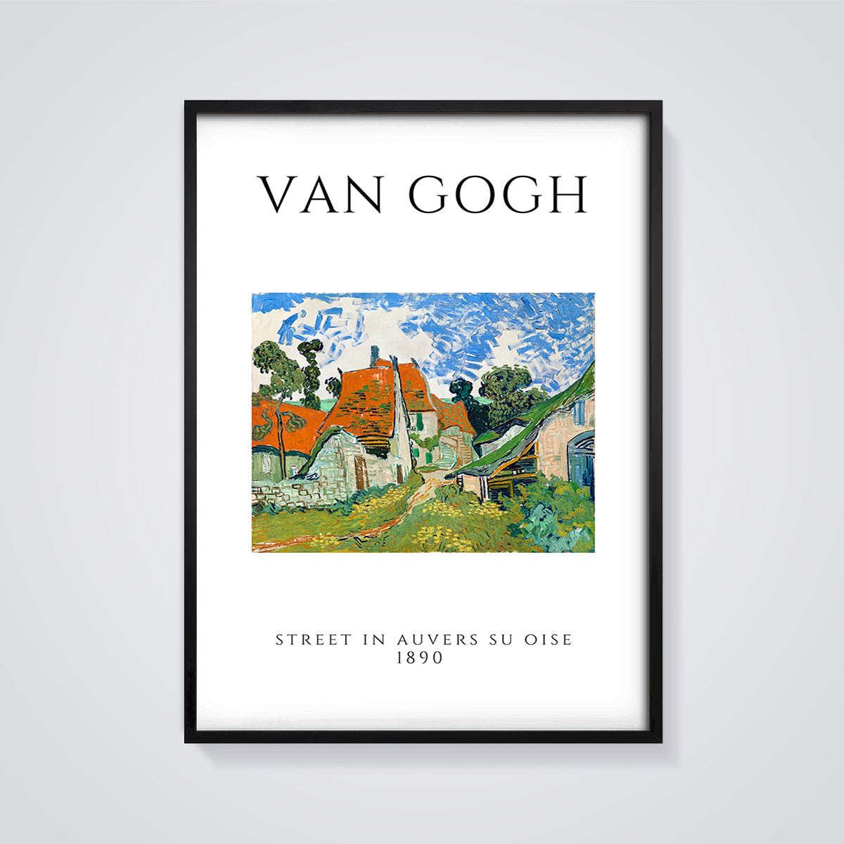 Street in Auvers su Oise Print framed in black on a grey background
