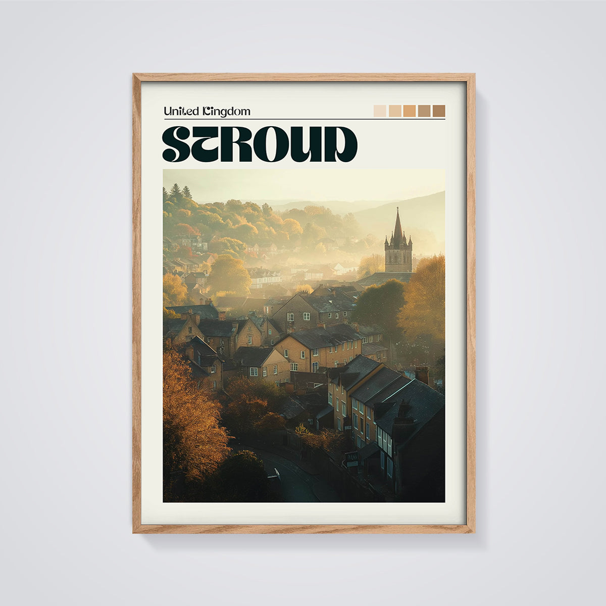 Stroud Autumn Mist Print framed in oak on a grey background