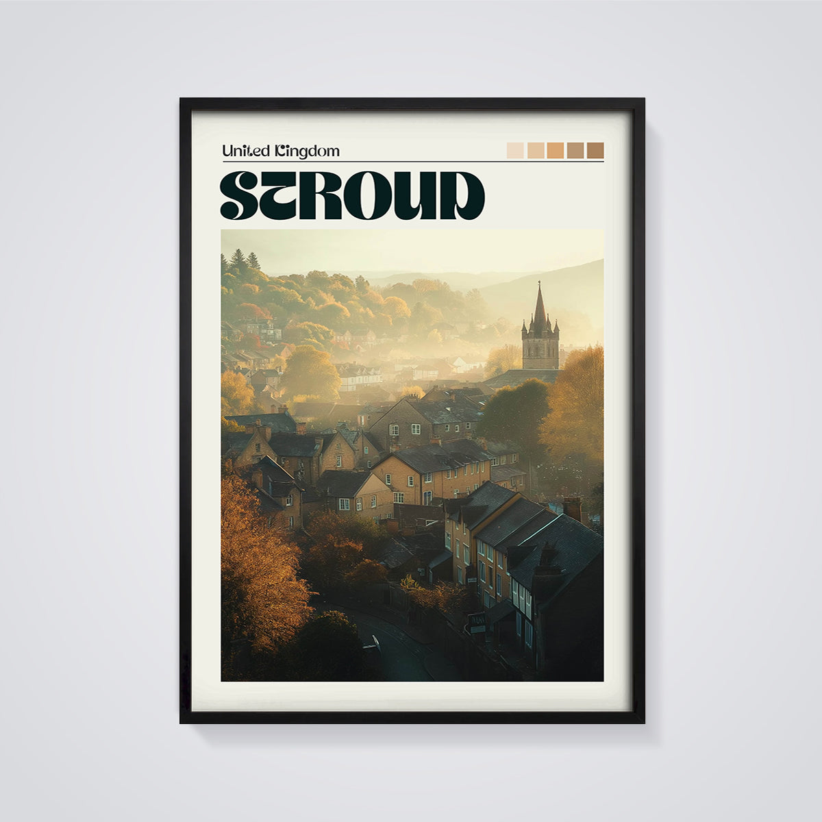 Stroud Autumn Mist Print framed in black on a grey background