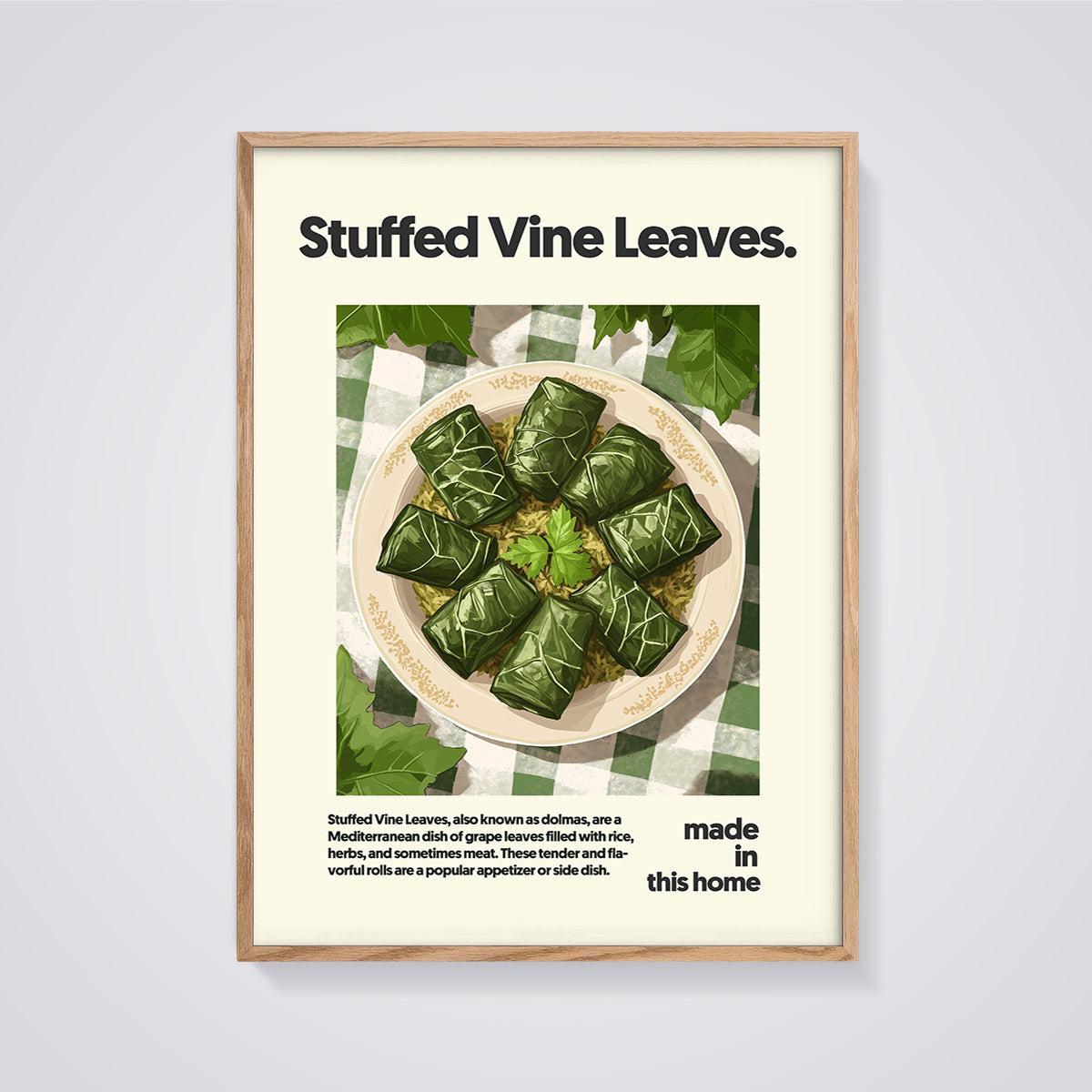 Stuffed Vine Leaves Print framed in oak on a grey background