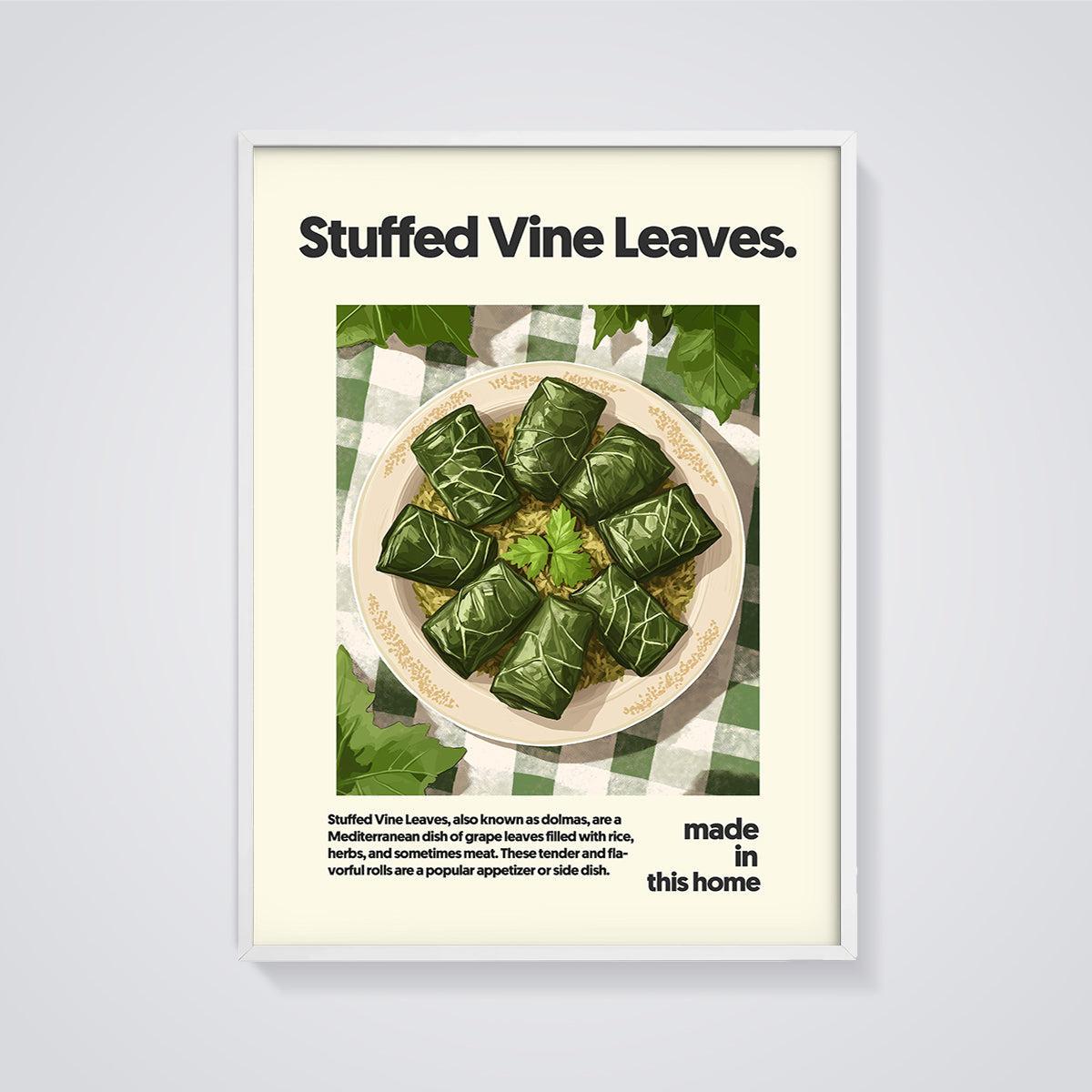 Stuffed Vine Leaves Print framed in white on a grey background