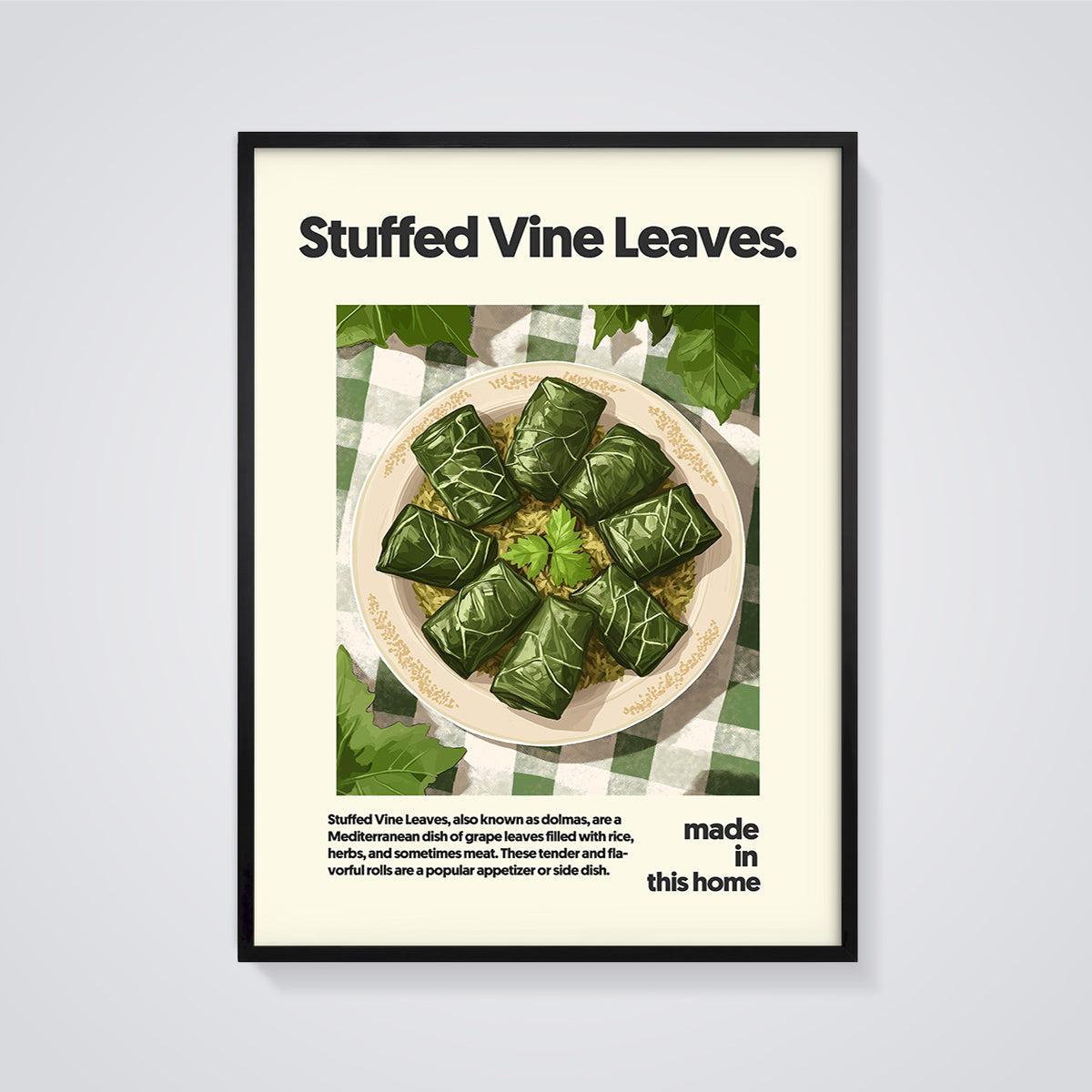 Stuffed Vine Leaves Print framed in black on a grey background