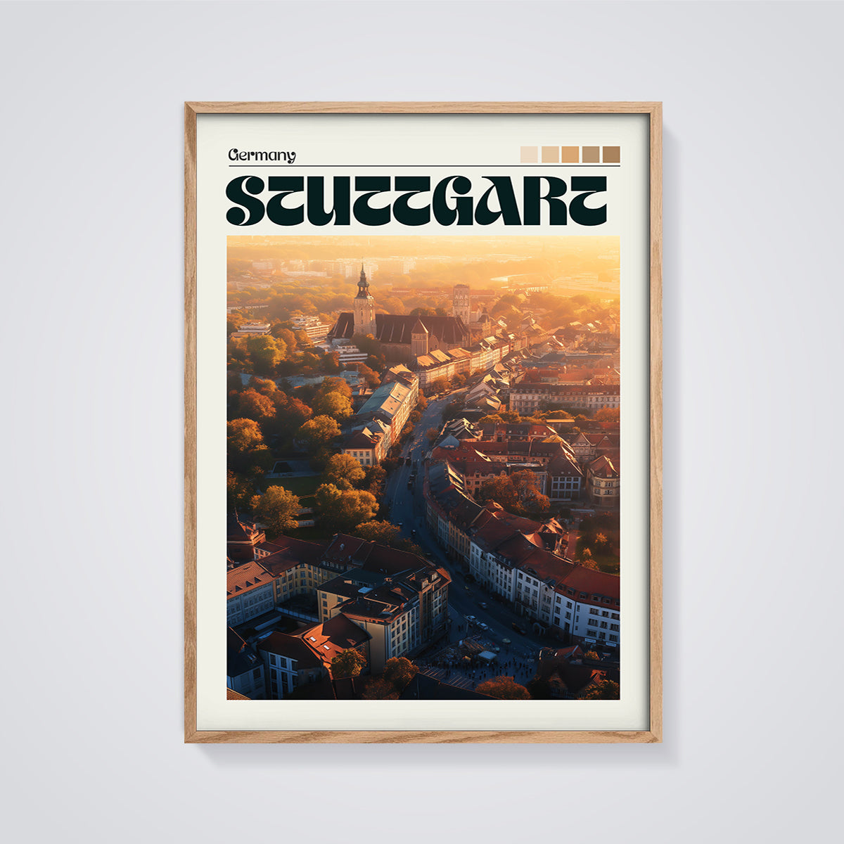 Stuttgart Germany Sunset Print framed in oak on a grey background