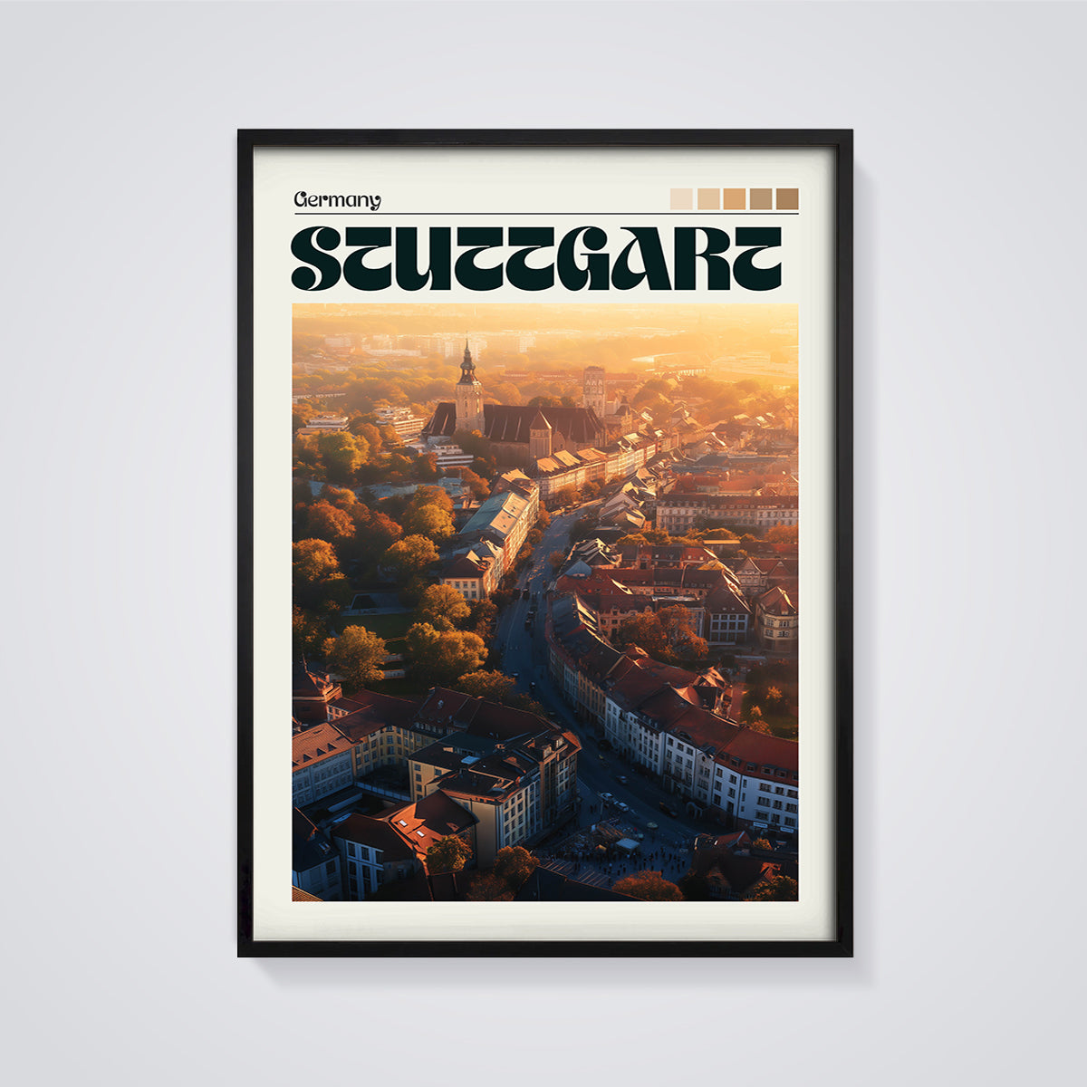 Stuttgart Germany Sunset Print framed in black on a grey background