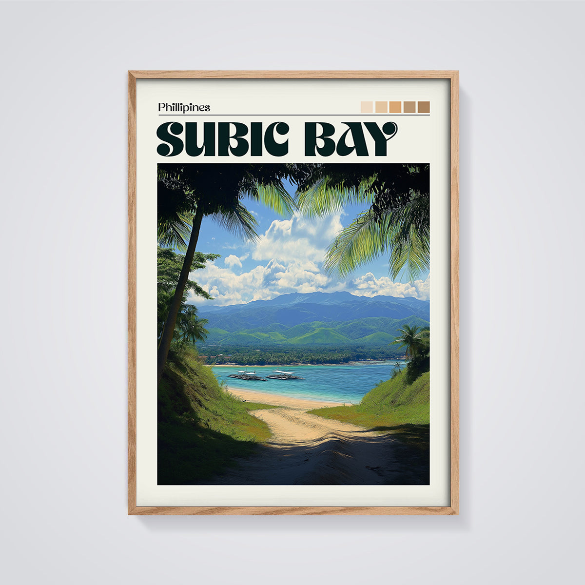 Subic Bay Philippines Coastal Print framed in oak on a grey background