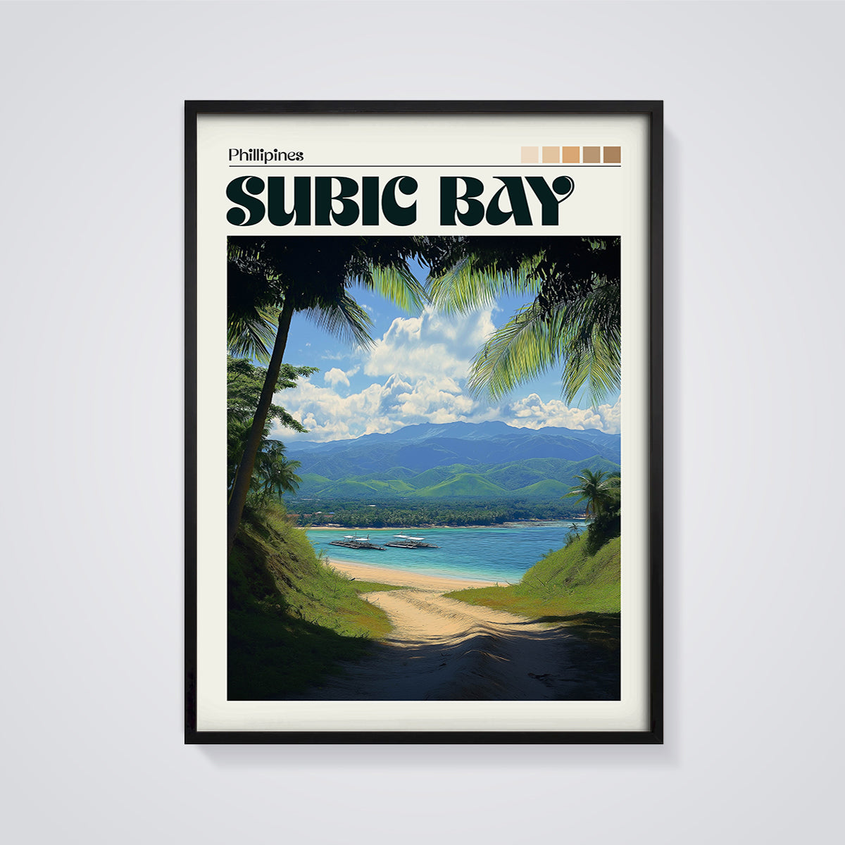Subic Bay Philippines Coastal Print framed in black on a grey background