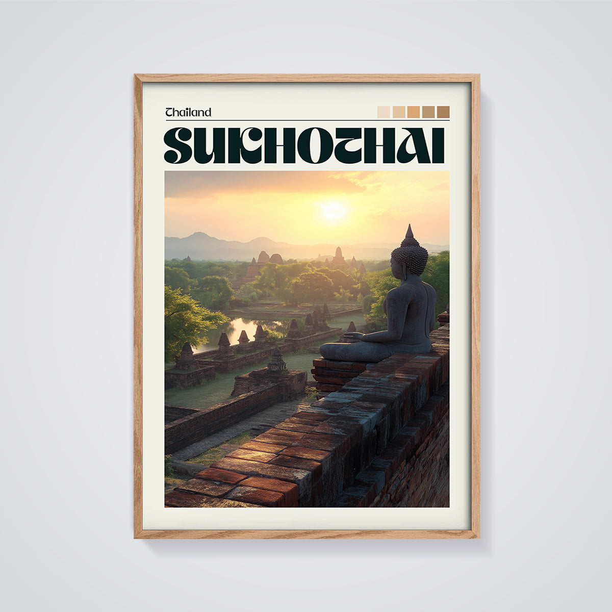 Sukhothai Sunset Buddha Print framed in oak on a grey background
