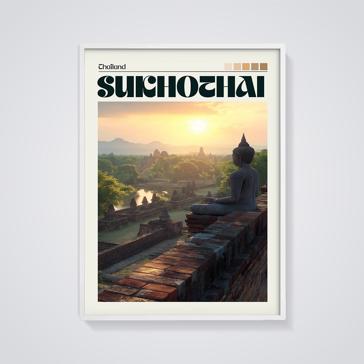 Sukhothai Sunset Buddha Print framed in white on a grey background