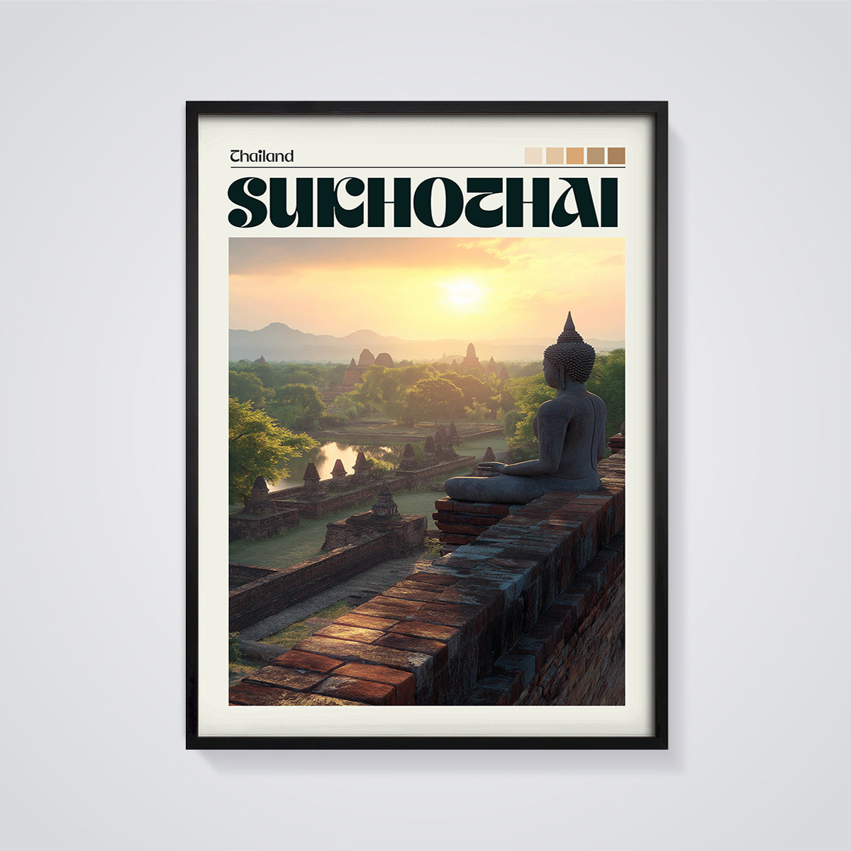Sukhothai Sunset Buddha Print framed in black on a grey background