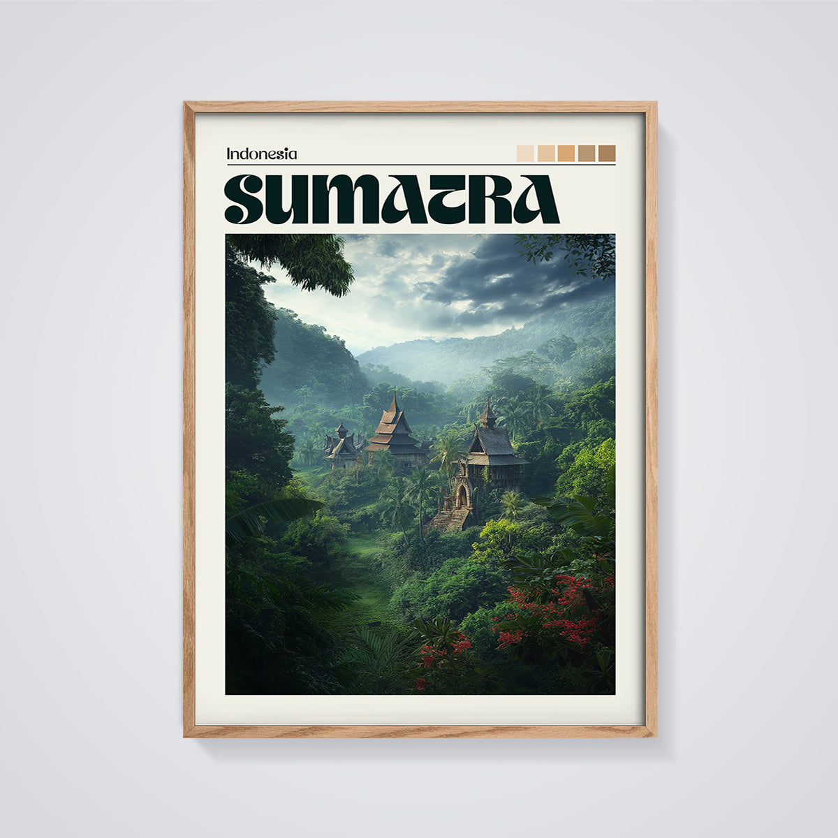 Sumatra Traditional Houses Print framed in oak on a grey background
