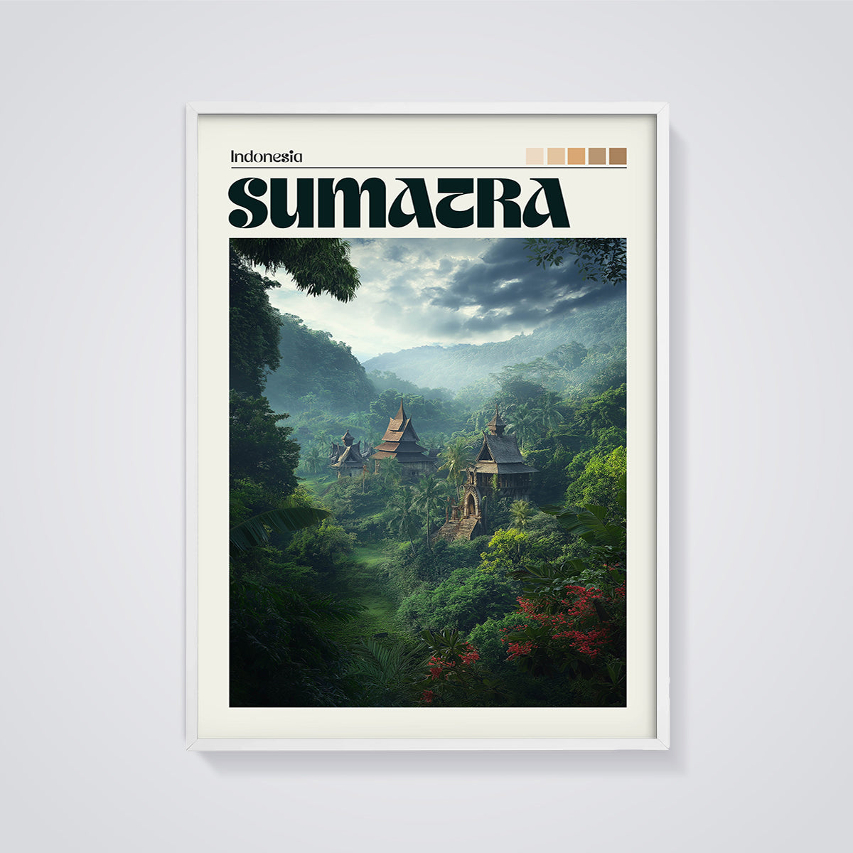 Sumatra Traditional Houses Print framed in white on a grey background