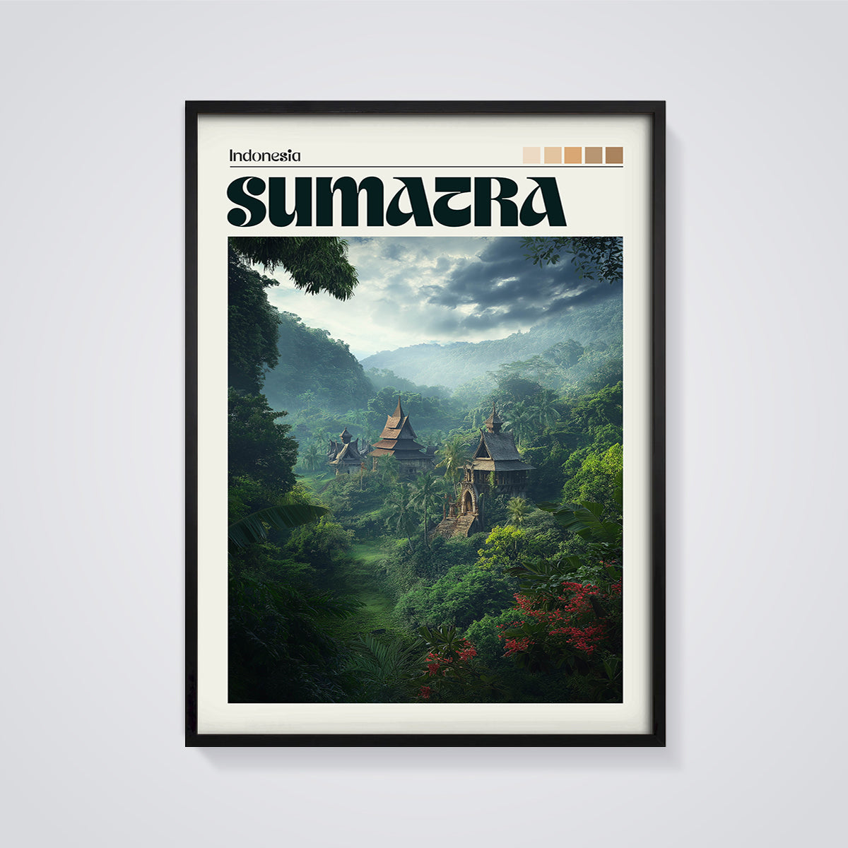 Sumatra Traditional Houses Print framed in black on a grey background