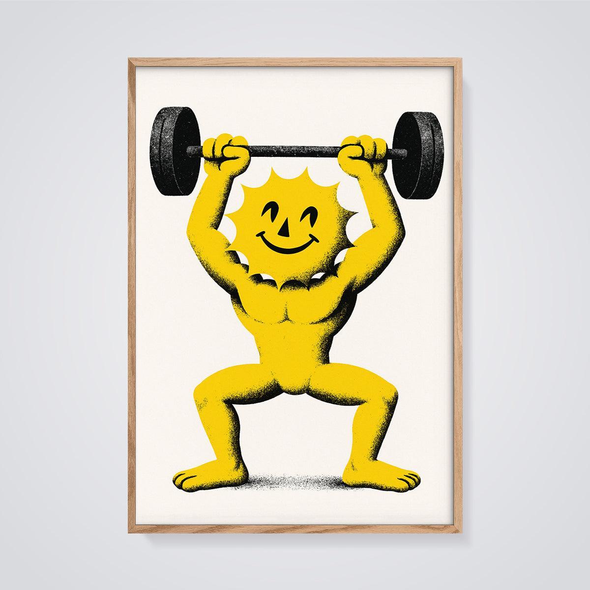 Sun Lifter Print framed in oak on a grey background